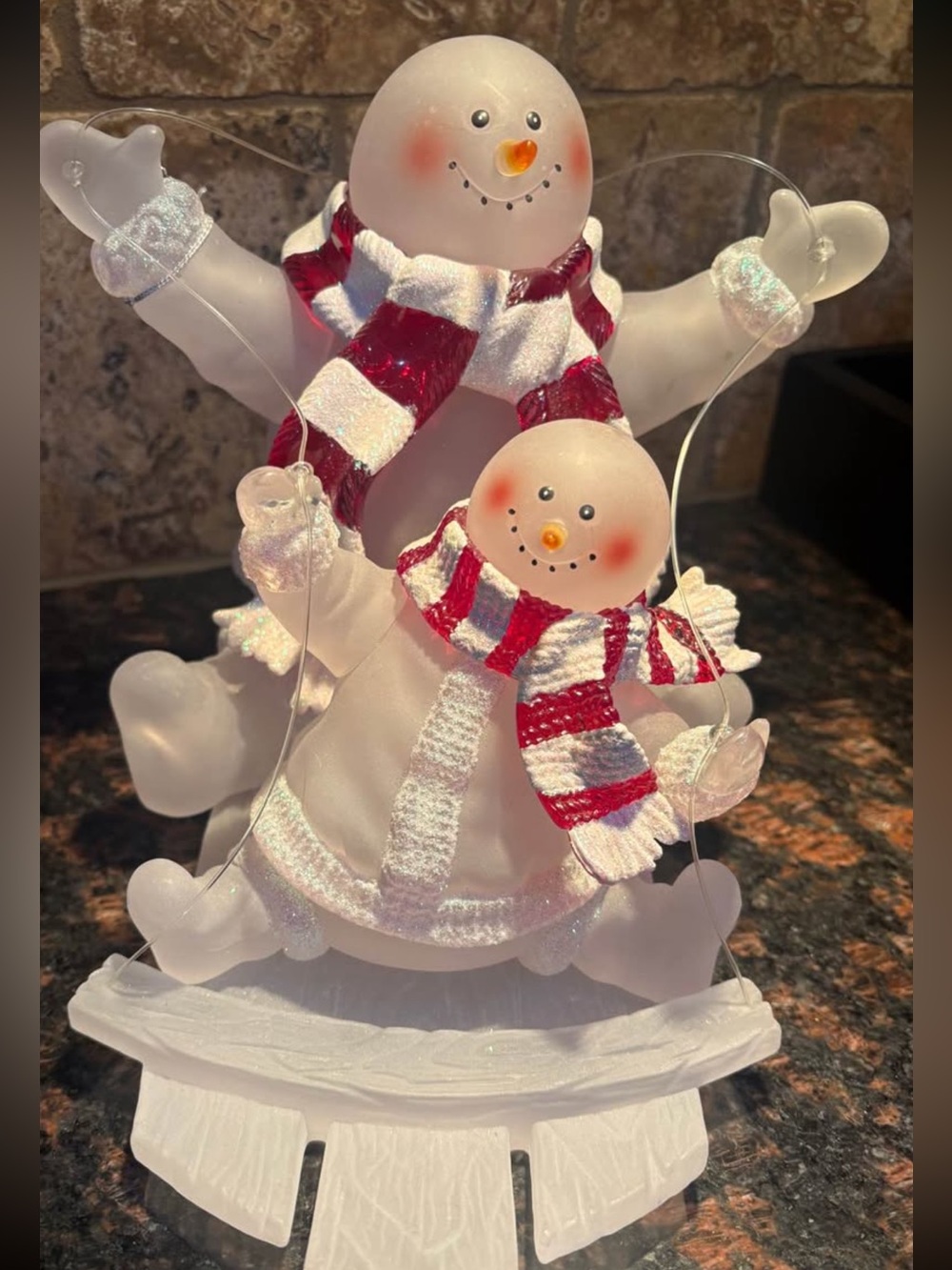 Vintage Frosted Acrylic Snowman Family Sledding Christmas Figurine